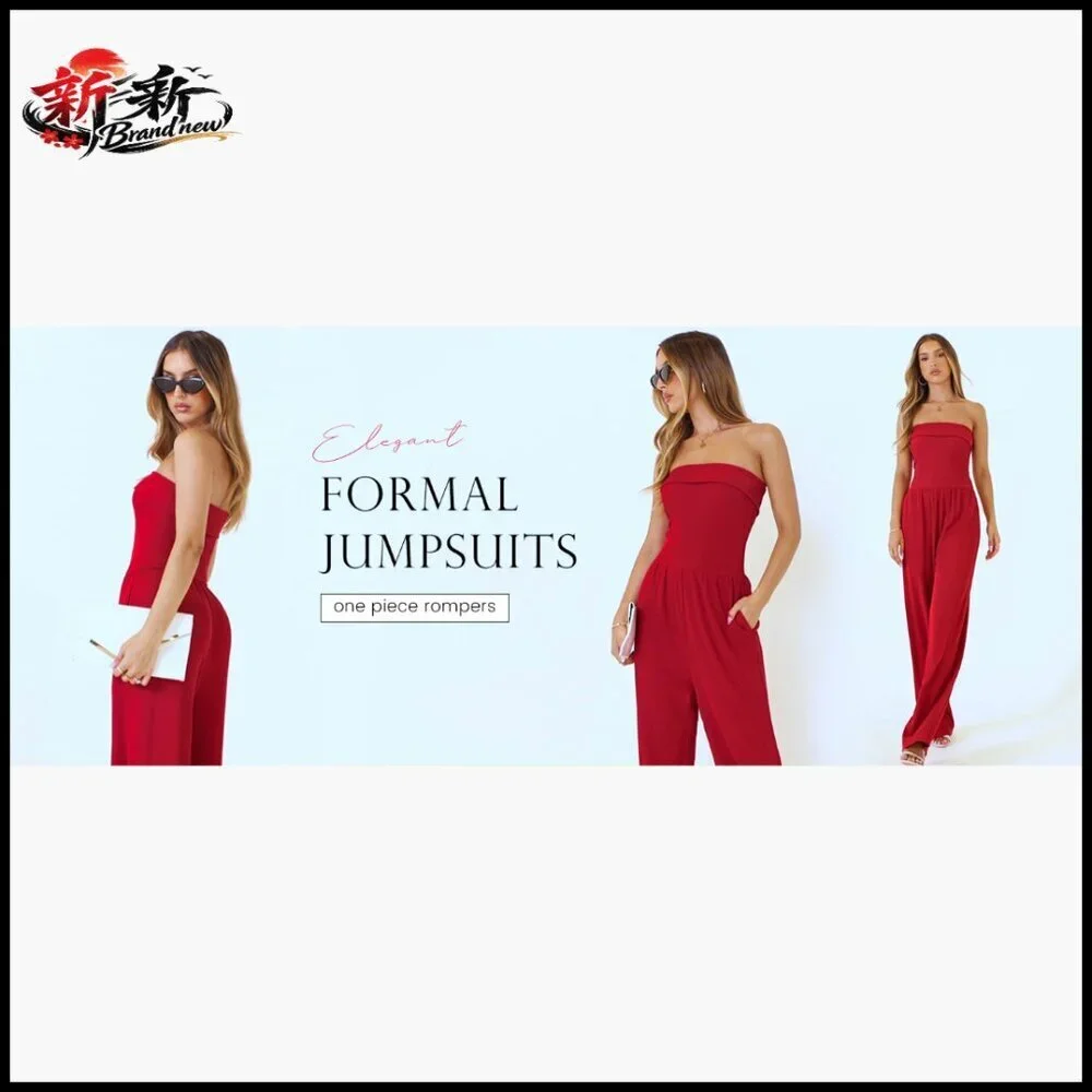 Strapless Wide Leg Jumpsuit, Polyester Elastane Knit, Formal Casual Romper